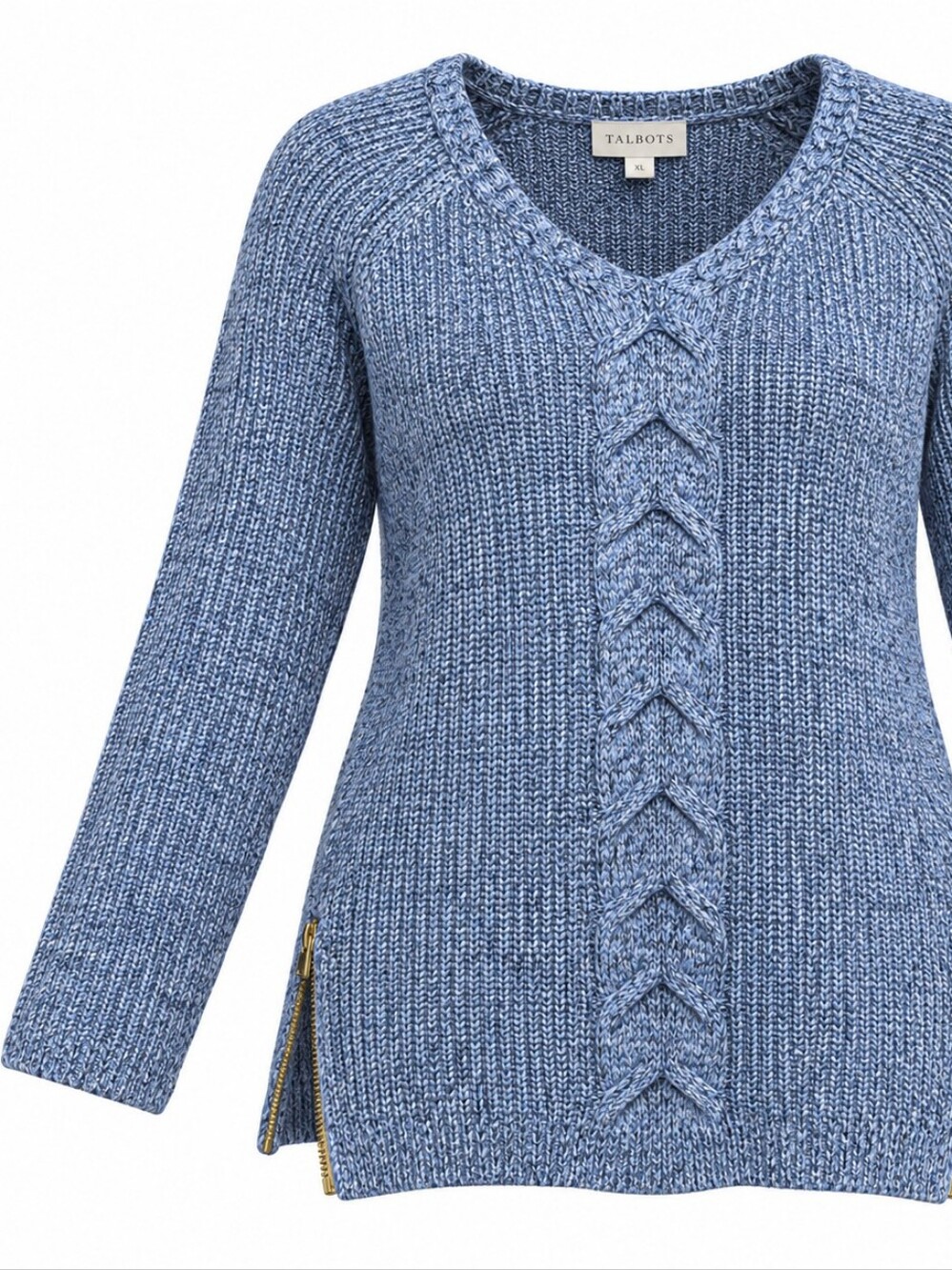 TALBOTS | Blue Marled Cable Knit Cotton Side Zip V Neck Sweater | XL